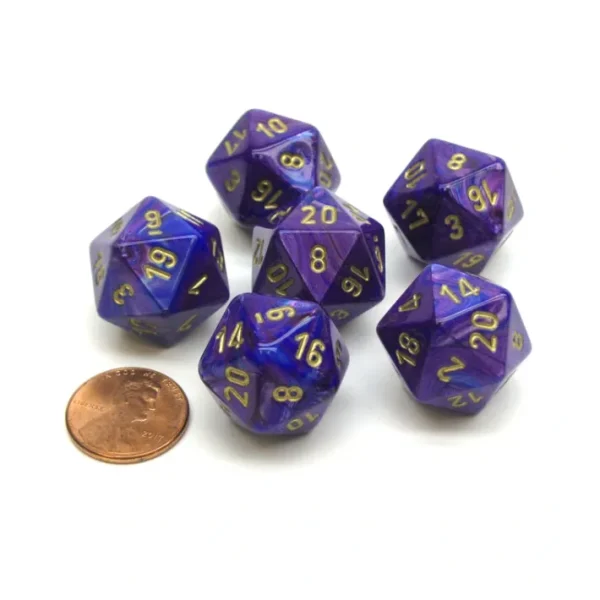 Lustrous 20 Sided D20 Chessex Dice, 6 Pieces - Purple with Gold Numbers - Your Source for Gaming Essentials Cheap