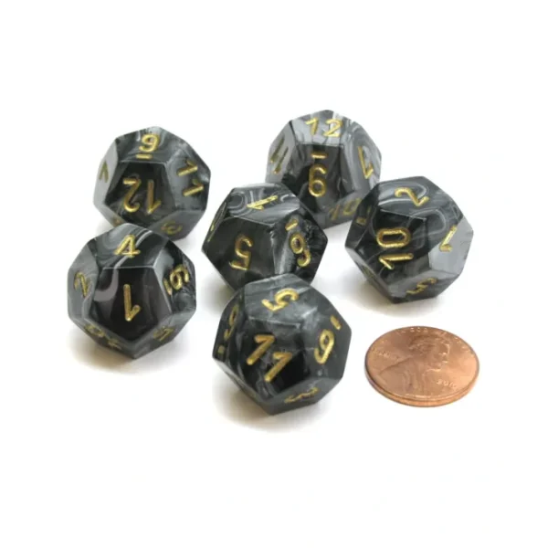 Lustrous 18mm 12 Sided D12 Chessex Dice, 6 Pieces - Black with Gold - Your Source for Gaming Essentials Outlet