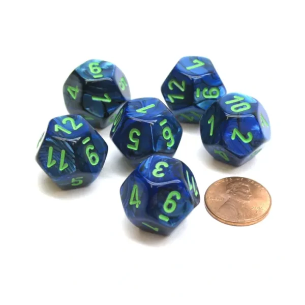 Lustrous 18mm 12 Sided D12 Chessex Dice, 6 Pieces - Dark Blue with Green - Your Source for Gaming Essentials Shop