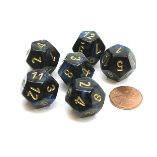 Lustrous 18mm 12 Sided D12 Chessex Dice, 6 Pieces - Shadow with Gold - Your Source for Gaming Essentials Shop