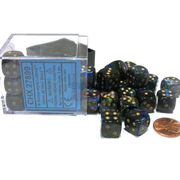 Lustrous 12mm D6 Chessex Dice Block (36 Dice) - Shadow with Gold Pips - Your Source for Gaming Essentials Shop