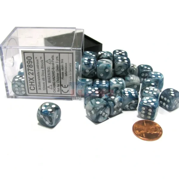 Lustrous 12mm D6 Chessex Dice Block (36 Dice) - Slate with White Pips - Your Source for Gaming Essentials Shop