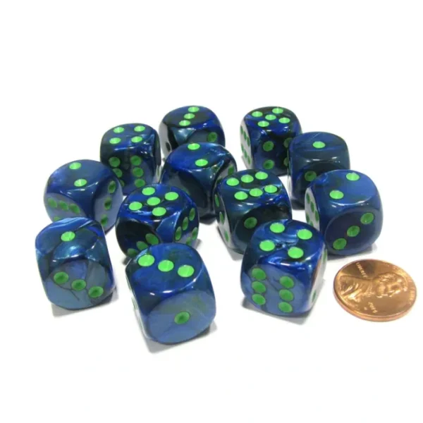 Lustrous 16mm D6 Chessex Dice Block (12 Dice) - Dark Blue with Green Pips - Your Source for Gaming Essentials Cheap