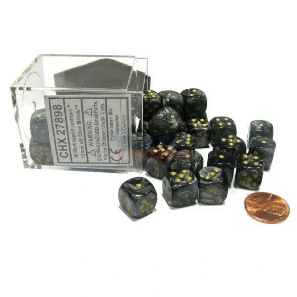 Lustrous 12mm D6 Chessex Dice Block (36 Dice) - Black with Gold Pips - Your Source for Gaming Essentials Outlet