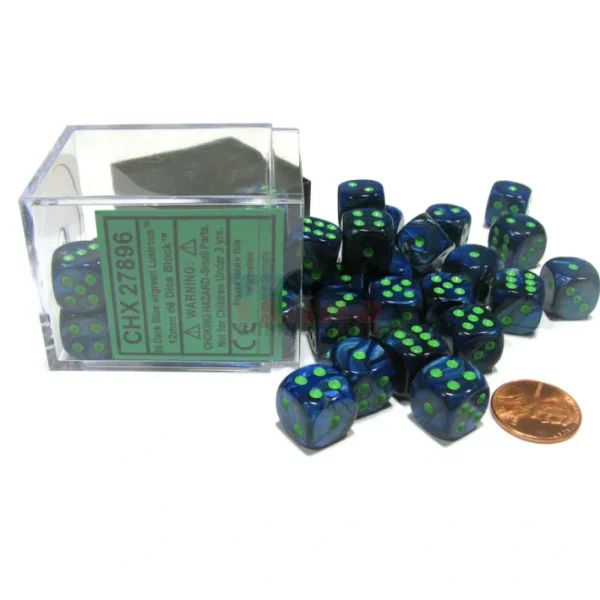 Lustrous 12mm D6 Chessex Dice Block (36 Dice) - Dark Blue with Green - Your Source for Gaming Essentials Online