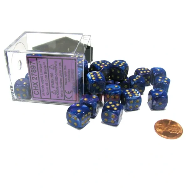 Lustrous 12mm D6 Chessex Dice Block (36 Dice) - Purple with Gold Pips - Your Source for Gaming Essentials Clearance