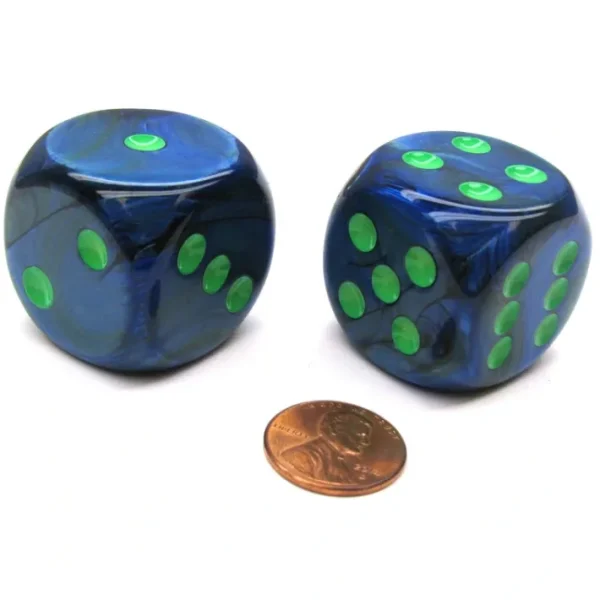 Lustrous 30mm Large D6 Chessex Dice, 2 Pieces - Dark Blue with Green Pips - Your Source for Gaming Essentials Fashion