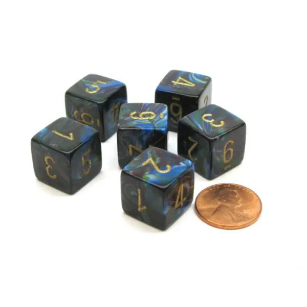 Lustrous 15mm 6-Sided D6 Numbered Chessex Dice, 6 Pieces - Shadow with Gold - Your Source for Gaming Essentials Clearance