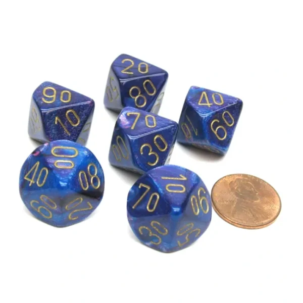 Lustrous 16mm Tens D10 (00-90) Chessex Dice, 6 Pieces - Purple with Gold Numbers - Your Source for Gaming Essentials Online