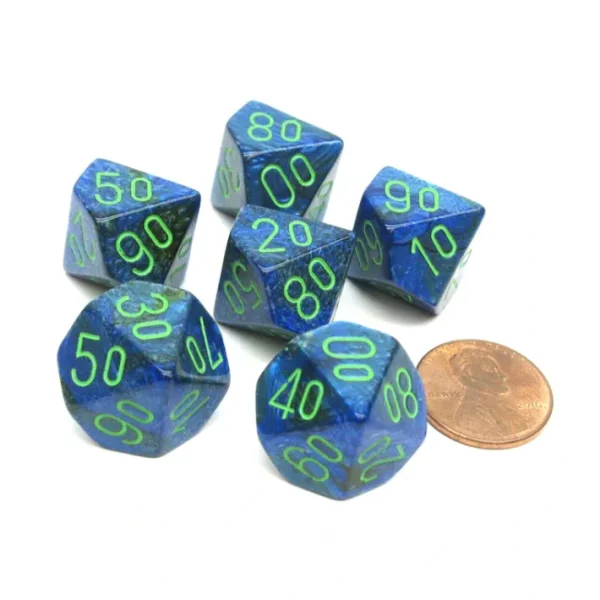 Lustrous 16mm Tens D10 (00-90) Dice, 6 Pieces - Dark Blue with Green Numbers - Your Source for Gaming Essentials Cheap
