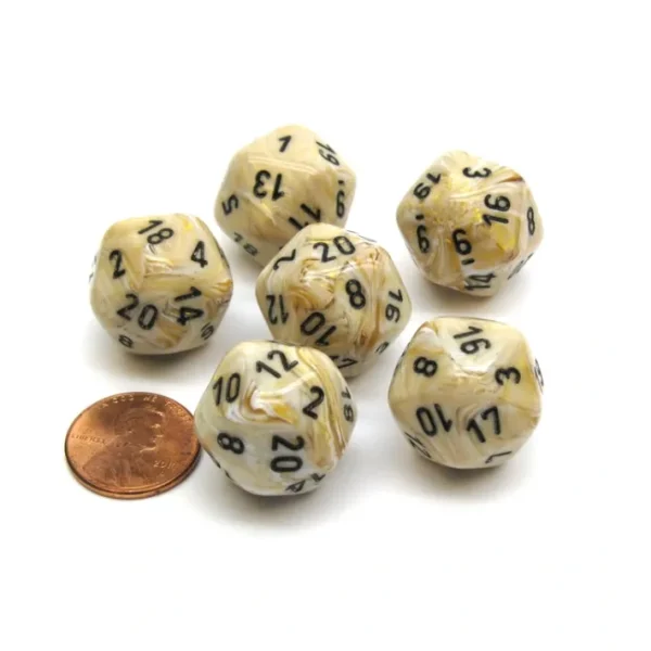 Marble 20 Sided D20 Chessex Dice, 6 Pieces - Ivory with Black Numbers - Your Source for Gaming Essentials Shop