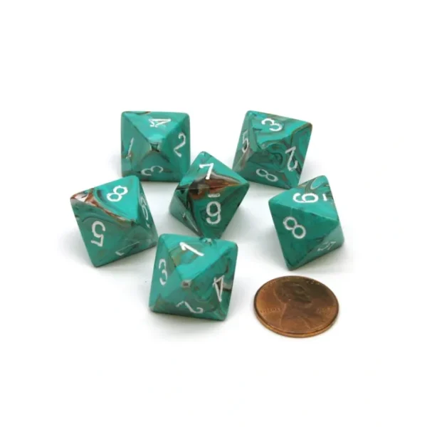 Marble 15mm 8 Sided D8 Chessex Dice, 6 Pieces - Oxi-Copper with White Numbers - Your Source for Gaming Essentials Fashion