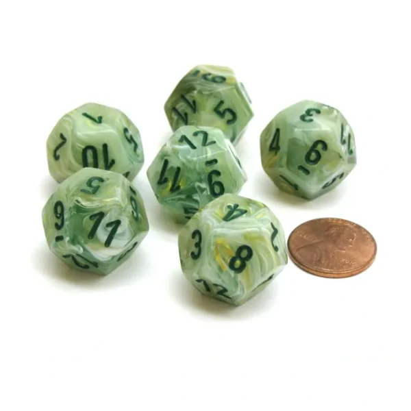Marble 18mm 12 Sided D12 Chessex Dice, 6 Pieces - Green with Dark Green - Your Source for Gaming Essentials Online