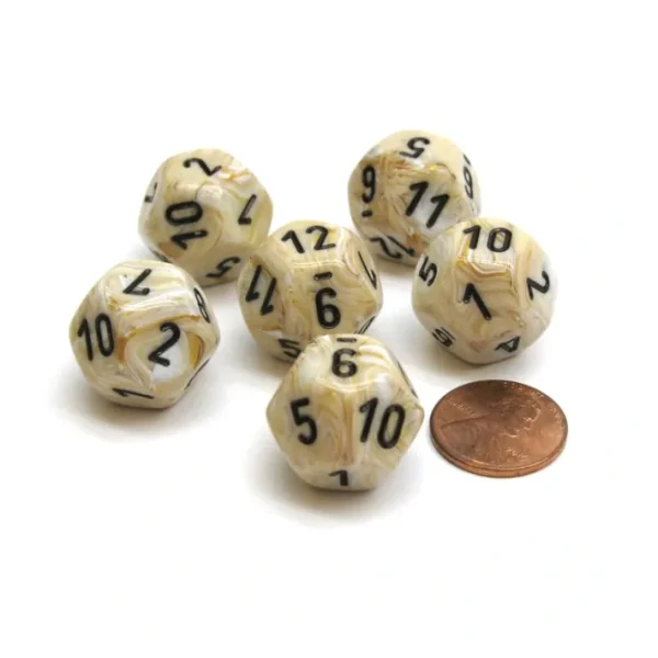 Marble 18mm 12 Sided D12 Chessex Dice, 6 Pieces - Ivory with Black - Your Source for Gaming Essentials New