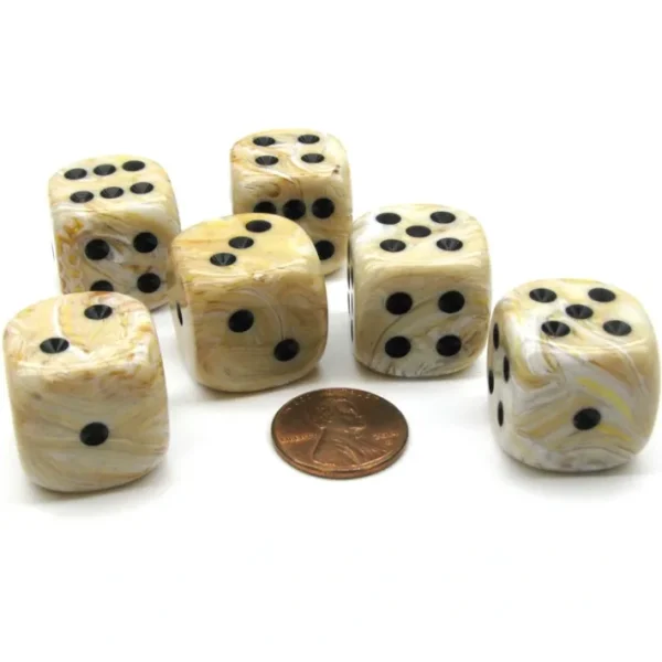 Marble 20mm Big D6 Chessex Dice, 6 Pieces - Ivory with Black Pips - Your Source for Gaming Essentials New