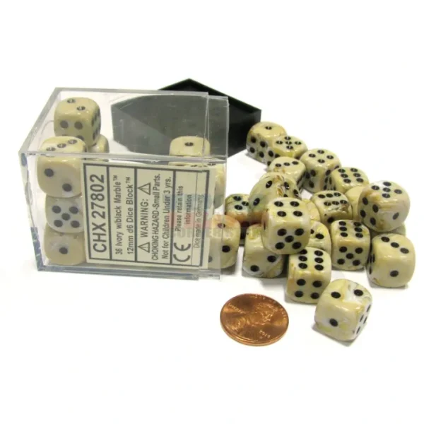Marble 12mm D6 Chessex Dice Block (36 Dice) - Ivory with Black Pips - Your Source for Gaming Essentials Discount