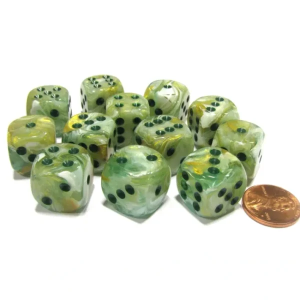 Marble 16mm D6 Chessex Dice Block (12 Dice) - Green with Dark Green Pips - Your Source for Gaming Essentials Cheap