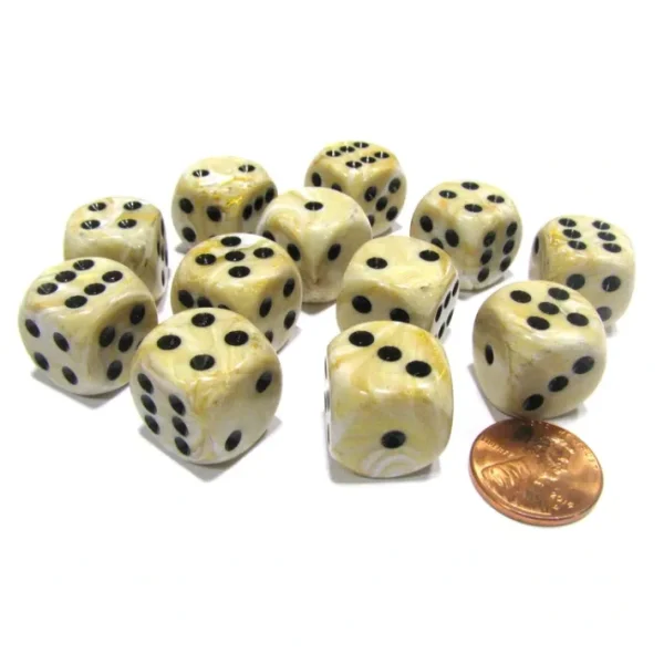Marble 16mm D6 Chessex Dice Block (12 Dice) - Ivory with Black Pips - Your Source for Gaming Essentials Outlet