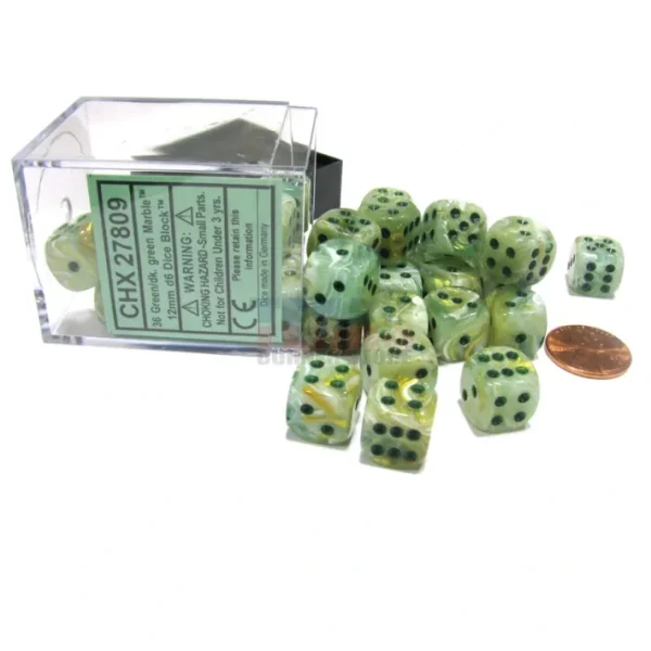 Marble 12mm D6 Chessex Dice Block (36 Dice) - Green with Dark Green Pips - Your Source for Gaming Essentials Shop