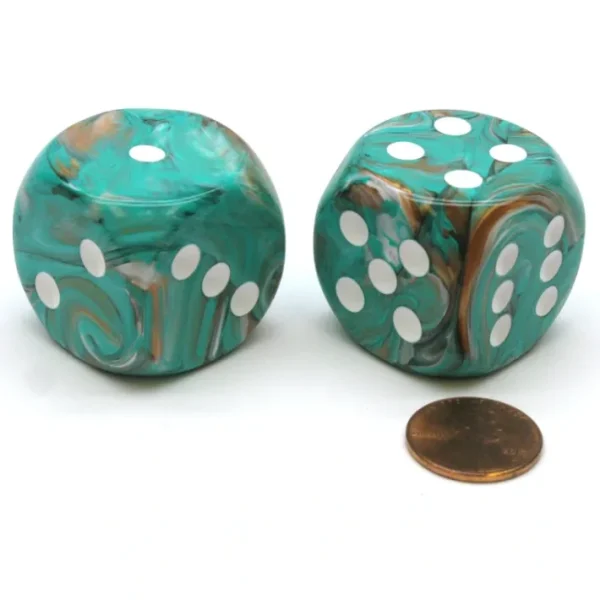 Marble 30mm Large D6 Chessex Dice, 2 Pieces - Oxi-Copper with White Pips - Your Source for Gaming Essentials Cheap