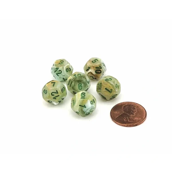Marble 12mm Mini 12 Sided D12 Dice, 6 Pieces - Green with Dark Green Numbers - Your Source for Gaming Essentials Store