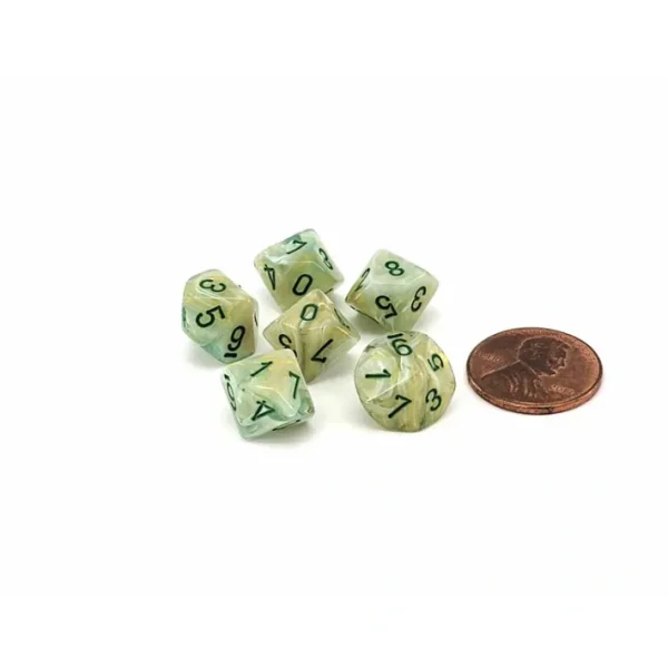Marble 10mm Mini 10 Sided D10 Dice, 6 Pieces - Green with Dark Green Numbers - Your Source for Gaming Essentials Fashion