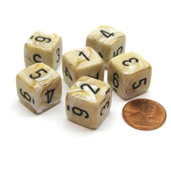 Marble 15mm 6-Sided D6 Numbered Chessex Dice, 6 Pieces - Ivory with Black - Your Source for Gaming Essentials Store