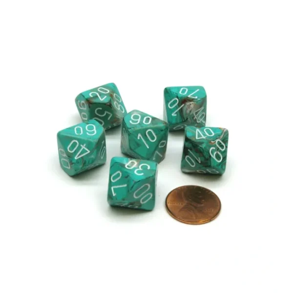 Marble 16mm Tens D10 (00-90) Chessex Dice, 6 Pieces - Oxi-Copper with White - Your Source for Gaming Essentials Hot