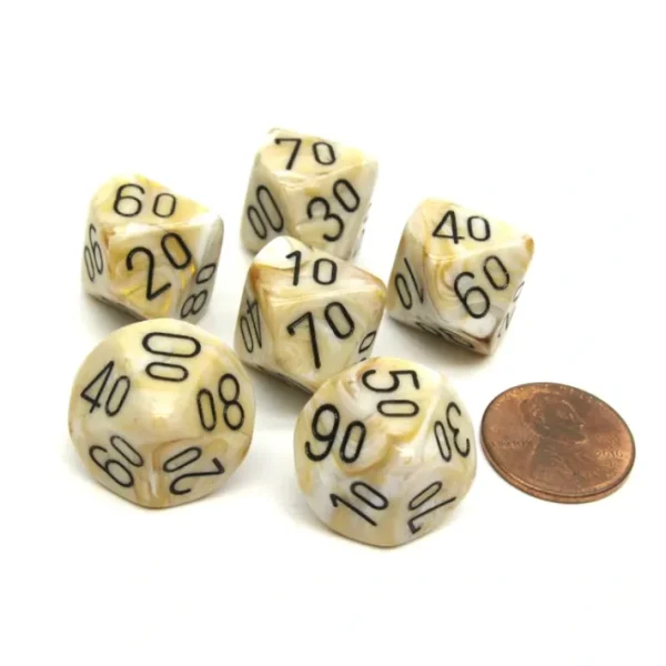 Marble 16mm Tens D10 (00-90) Chessex Dice, 6 Pieces - Ivory with Black Numbers - Your Source for Gaming Essentials Outlet