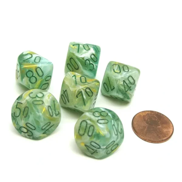 Marble 16mm Tens D10 (00-90) Dice, 6 Pieces - Green with Dark Green Numbers - Your Source for Gaming Essentials Discount