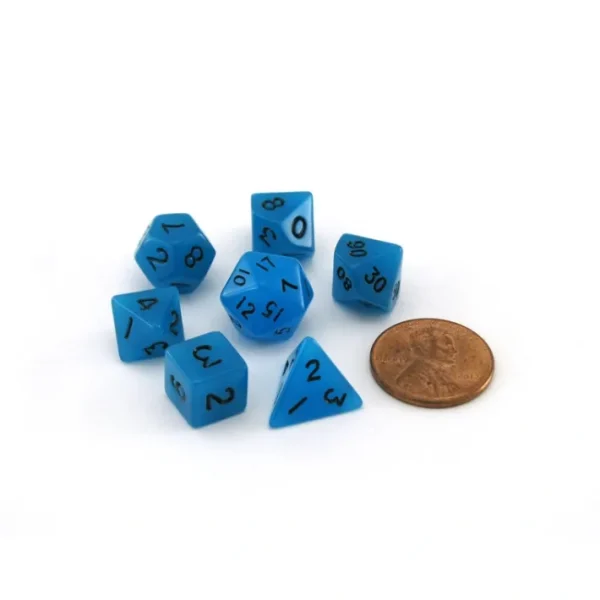 Mini 7-Die Polyhedral Dice Set - Glow Blue with Black Numbers - Your Source for Gaming Essentials Outlet
