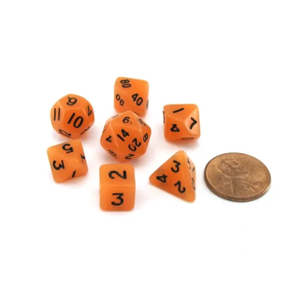 Mini 7-Die Polyhedral Dice Set - Glow Orange with Black Numbers - Your Source for Gaming Essentials Flash Sale
