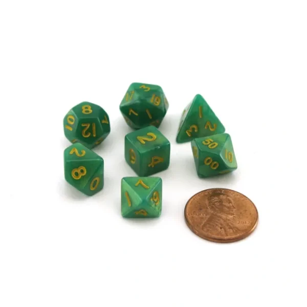 Mini 7-Die Polyhedral Dice Set - Green and Light Green with Gold Numbers - Your Source for Gaming Essentials Cheap