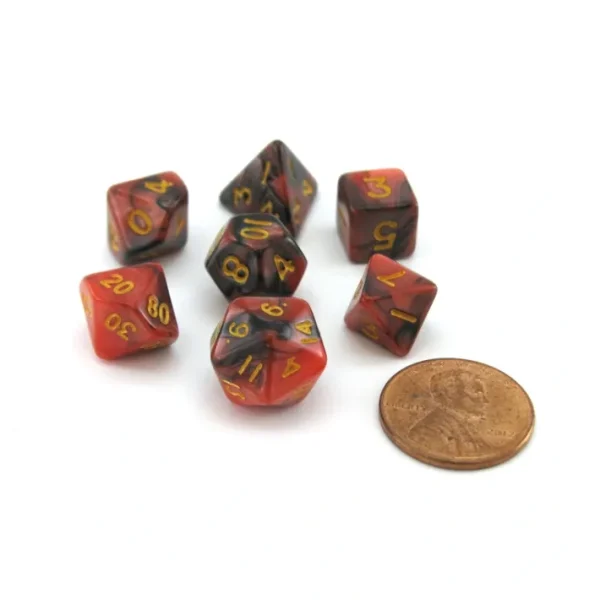 Mini 7-Die Polyhedral Dice Set - Red and Black with Gold Numbers - Your Source for Gaming Essentials Clearance