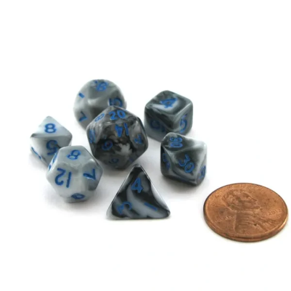 Mini 10mm Polyhedral Dice Set, 7 Pieces - Marble with Blue Numbers - Your Source for Gaming Essentials Outlet