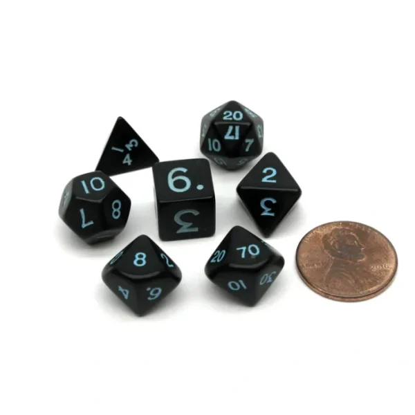 Mini Polyhedral 7 Piece Opaque Dice Set Small 11mm Die - Black with Light-Blue - Your Source for Gaming Essentials Clearance
