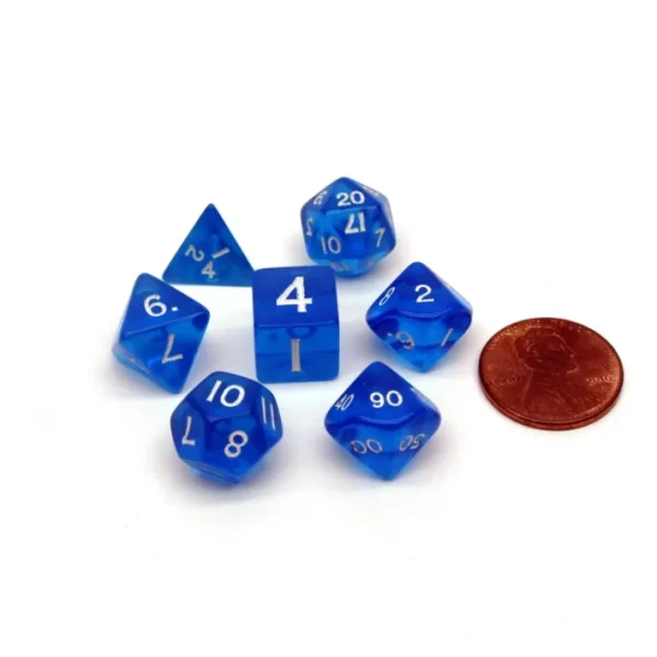 Mini Polyhedral 7 Piece Transparent Dice Set Small 11mm Die - Blue with White - Your Source for Gaming Essentials Outlet