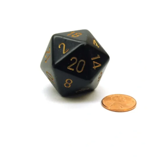 34mm Large 20-Sided D20 Opaque Chessex Dice, 1 Die - Black with Gold Numbers - Your Source for Gaming Essentials New