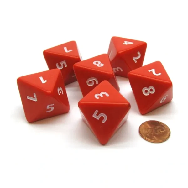 Opaque 25mm 8 Sided D8 Large Jumbo Numbered Dice, 6 Pieces - Red with White - Your Source for Gaming Essentials Store