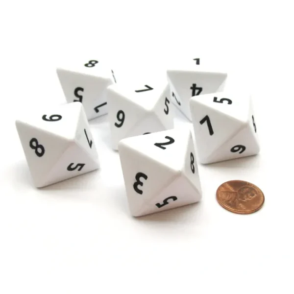 Opaque 25mm 8 Sided D8 Large Jumbo Numbered Dice, 6 Pieces - White with Black - Your Source for Gaming Essentials Cheap