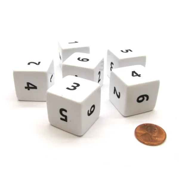 Opaque 25mm 6 Sided D6 Large Jumbo Numbered Dice, 6 Pieces - White with Black - Your Source for Gaming Essentials Outlet