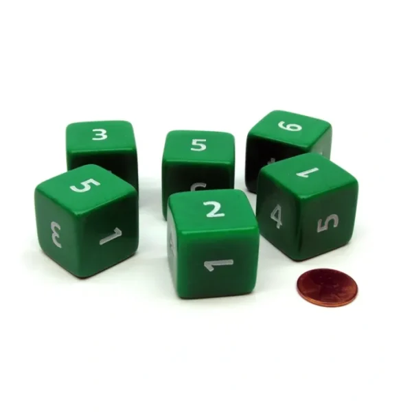 Opaque 25mm 6 Sided D6 Large Jumbo Numbered Dice, 6 Pieces - Green with White - Your Source for Gaming Essentials New