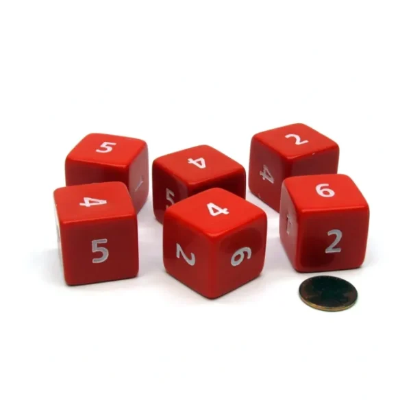 Opaque 25mm 6 Sided D6 Large Jumbo Numbered Dice, 6 Pieces - Red with White - Your Source for Gaming Essentials New