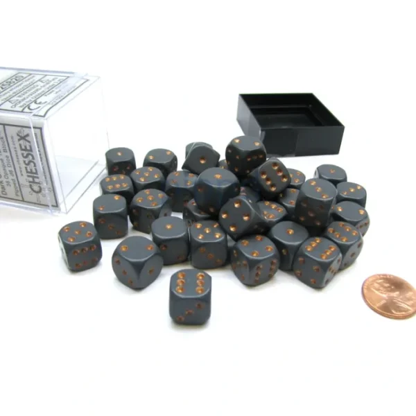 Opaque 12mm D6 Chessex Dice Block (36 Die) - Dark Grey with Copper Pips - Your Source for Gaming Essentials Clearance