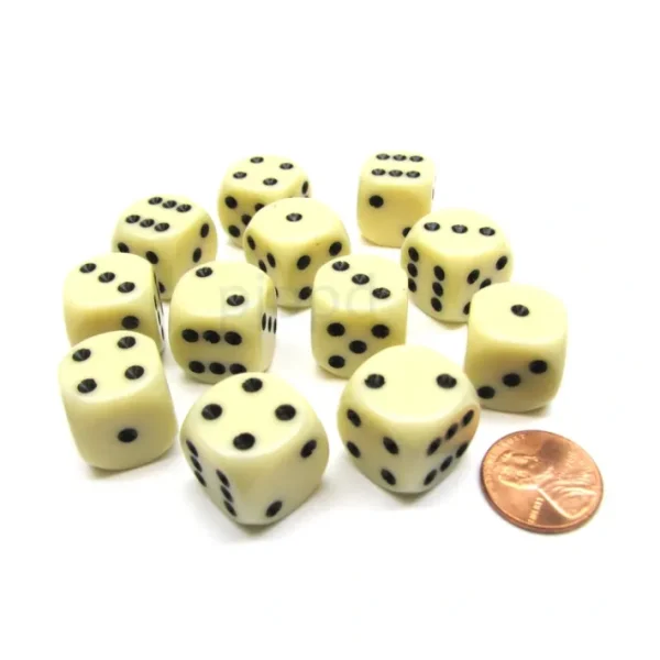 Opaque 16mm D6 Chessex Dice Block (12 Die) - Ivory with Black Pips - Your Source for Gaming Essentials Clearance
