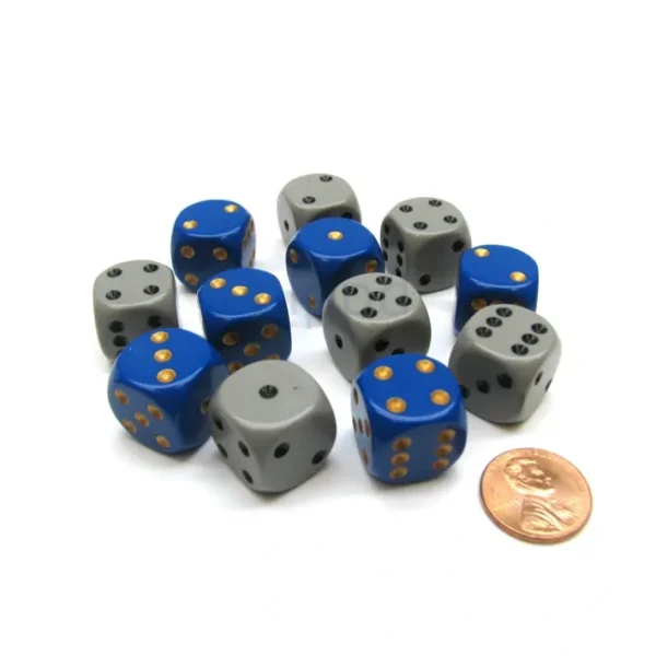 Opaque 16mm D6 Dixie Dice Block (12 Die) - 6 Blue w/ Yellow, 6 Gray w/ Black - Your Source for Gaming Essentials Shop
