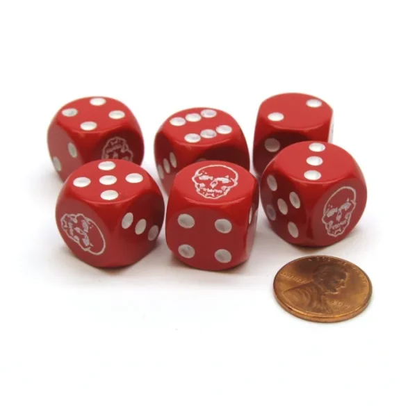 Opaque 16mm D6 Skull Face Dice, 6 Pieces -Red with White Skull on the Ace Side - Your Source for Gaming Essentials New