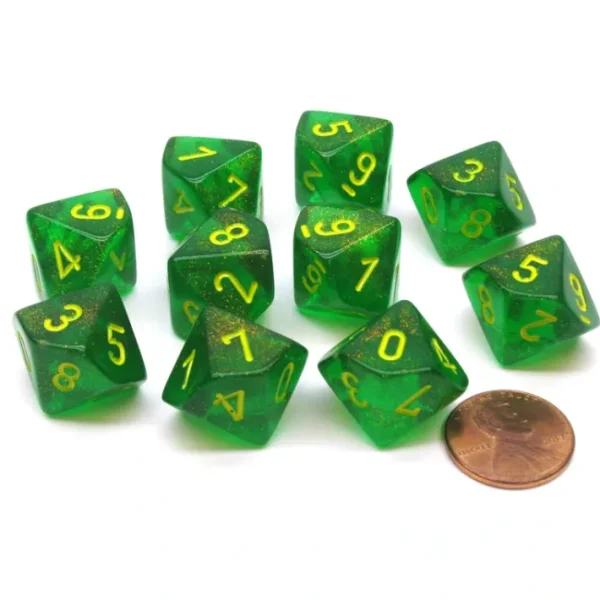 Pack of 10 Chessex Borealis D10 Dice - Maple Green with Yellow Numbers - Your Source for Gaming Essentials Hot