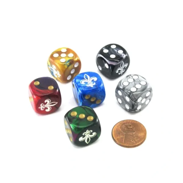 Pack of 6 Chessex Custom Engraved 16mm D6 Assorted Style Dice - Fleur-de-lis - Your Source for Gaming Essentials Fashion