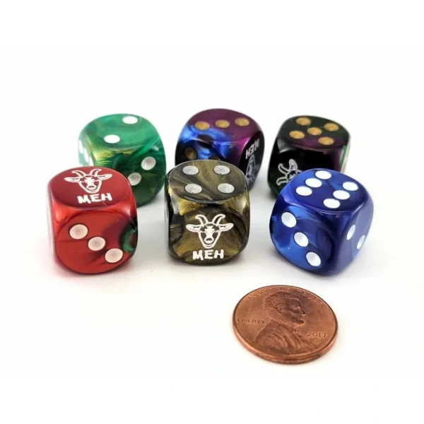 Pack of 6 Chessex Custom Engraved 16mm D6 Assorted Style Dice - Meh Goat - Your Source for Gaming Essentials Cheap